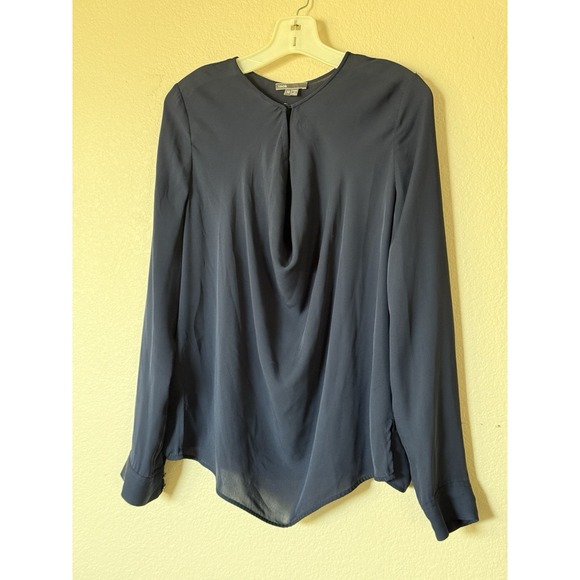 Vince Navy Blue 100% Silk Draped Front Blouse Women’s Size 12 Long Sleeve - Picture 1 of 6